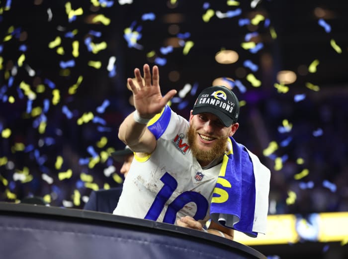 Los Angeles Rams wide receiver Cooper Kupp (10) celebrates after defeating the Cincinnati Bengals in Super Bowl LVI at SoFi Stadium Feb. 13, 2022.